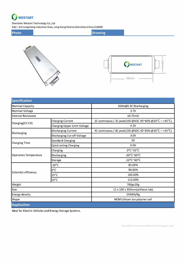 Westart Ncm Lithium Battery With High Energy High Power Polymer Battery